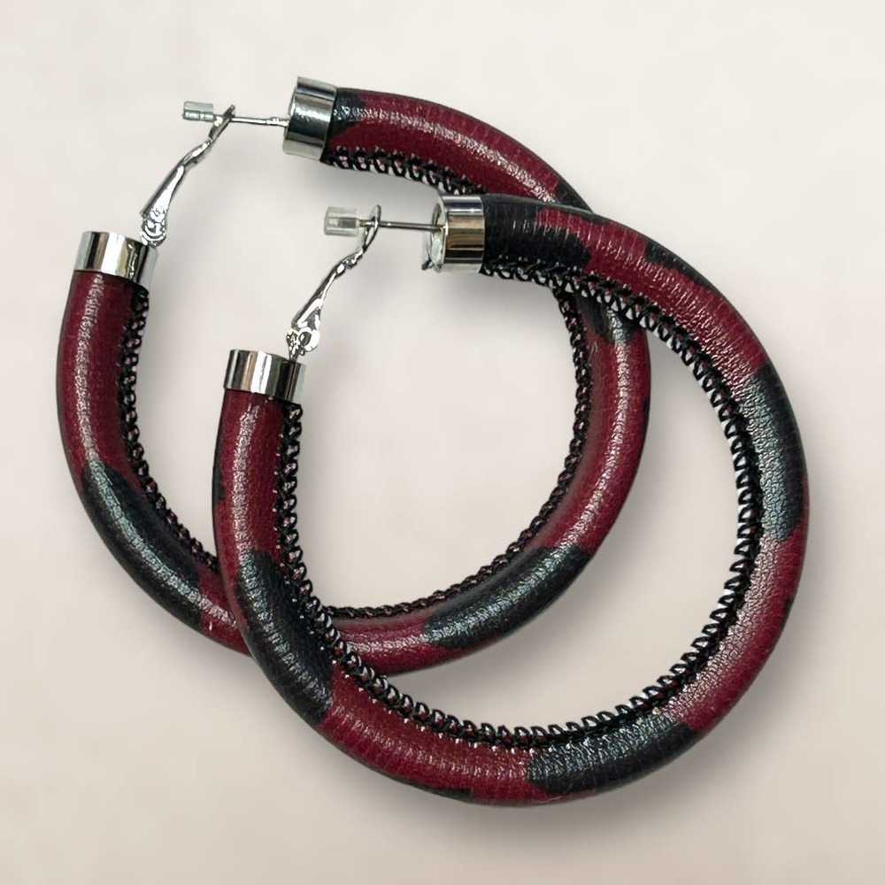 Stunning Red & Black Leopard-Print Hoop Earrings Vegan Leather